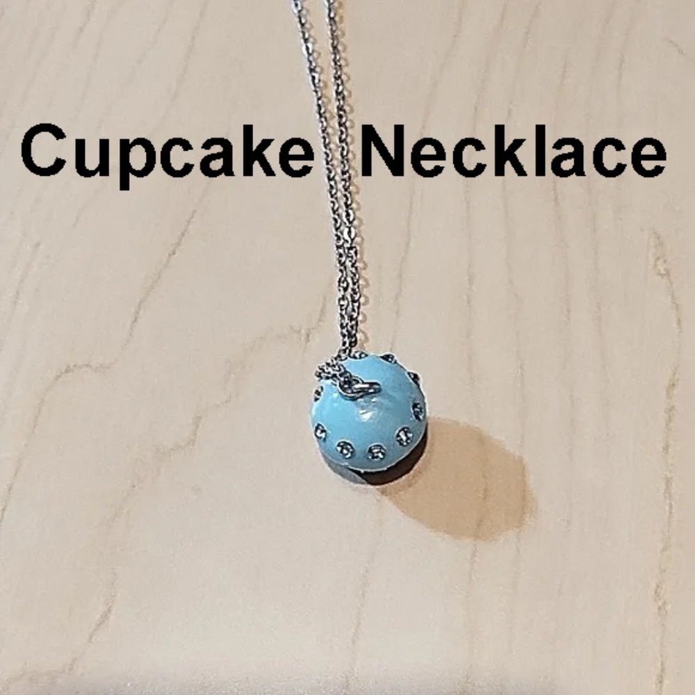 Cupcake necklace, gift ready box, NWOT, baby blue with faux blue diamonds